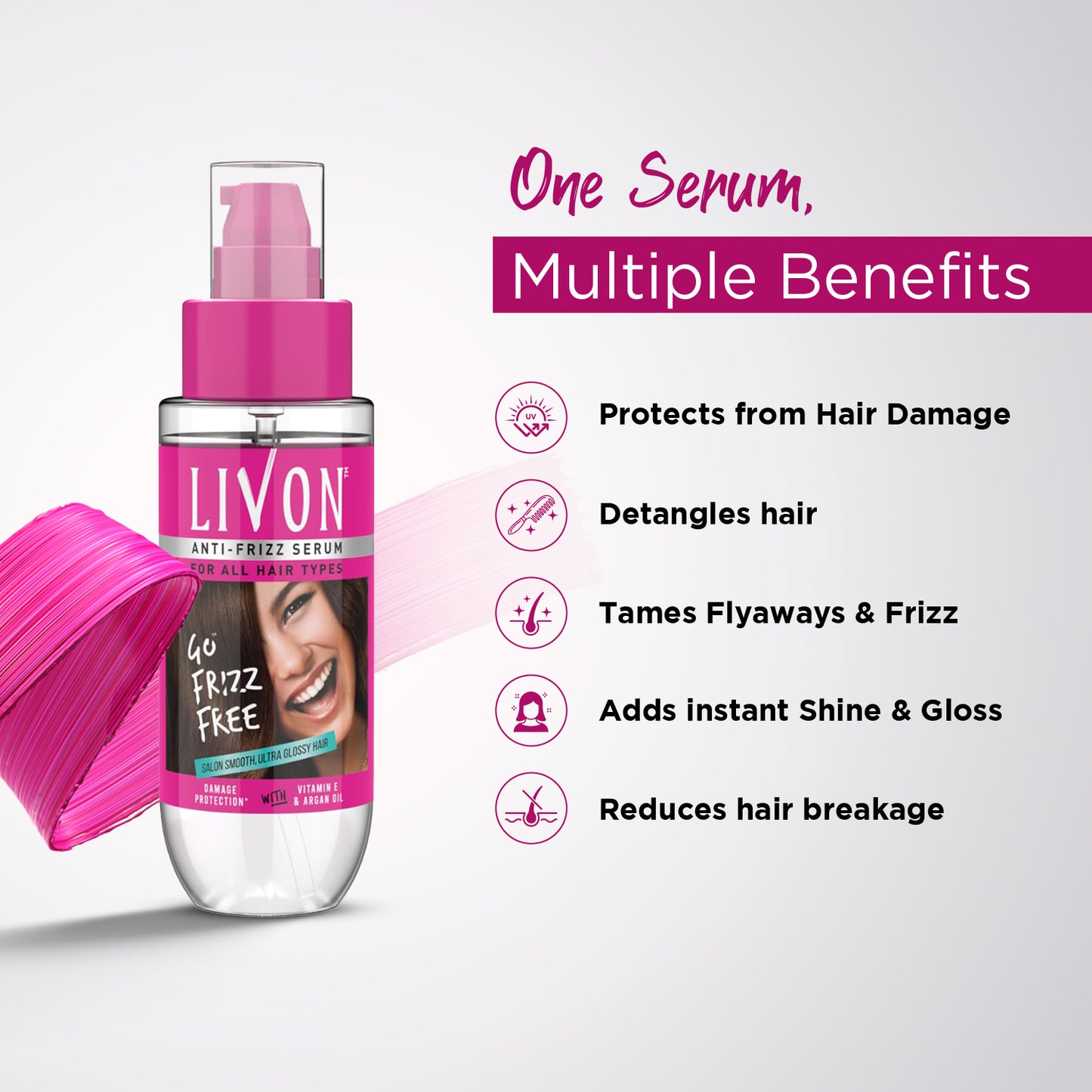 Livon Hair Serum For Women | All Hair Types | Smooth, Frizz-Free & Glossy Hair | With Argan Oil & Vitamin E | 100 ML