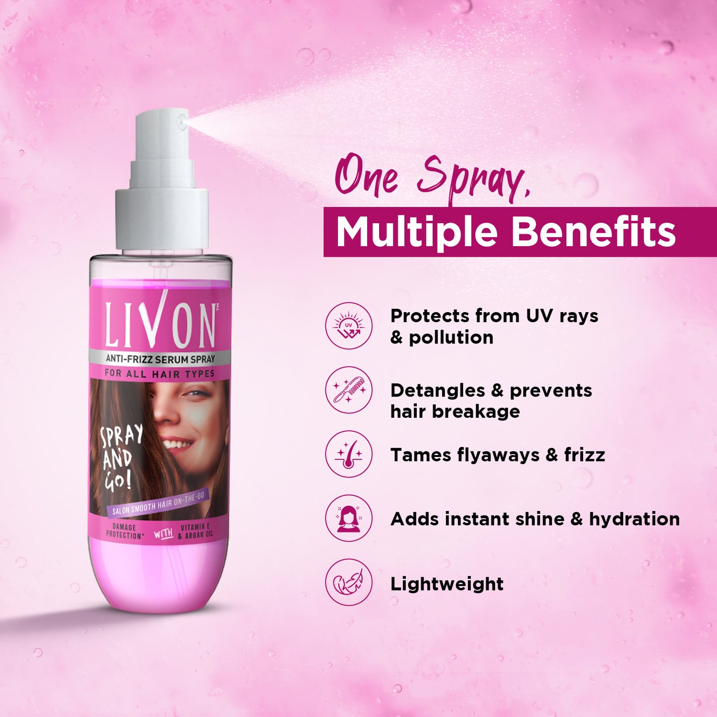 Livon Shake & Spray Serum for Women for Frizz-free, Smooth & Glossy Hair on-the-go, with Argan Oil & Vitamin E, 100ml