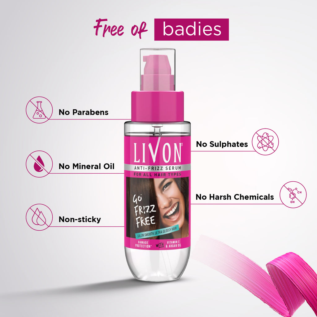 Livon Hair Serum For Women | All Hair Types | Smooth, Frizz-Free & Glossy Hair | With Argan Oil & Vitamin E | 100 ML