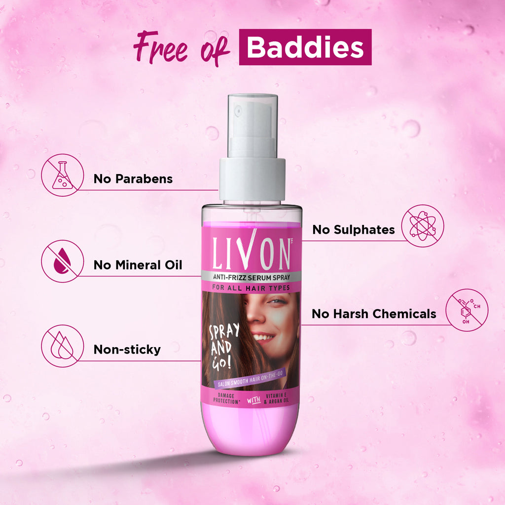 Livon Shake & Spray Serum for Women for Frizz-free, Smooth & Glossy Hair on-the-go, with Argan Oil & Vitamin E, 100ml