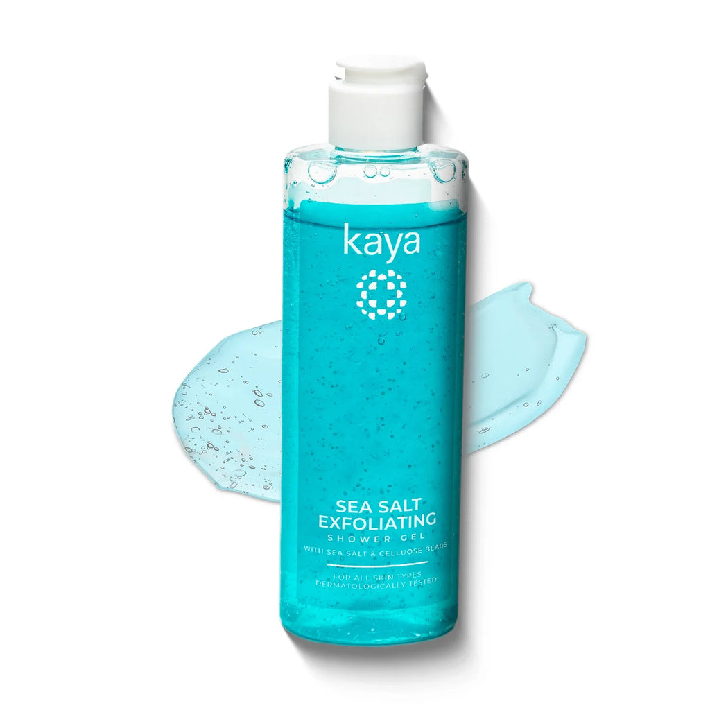 Kaya Sea Salt Exfoliating Shower Gel bottle with a white cap on a white background